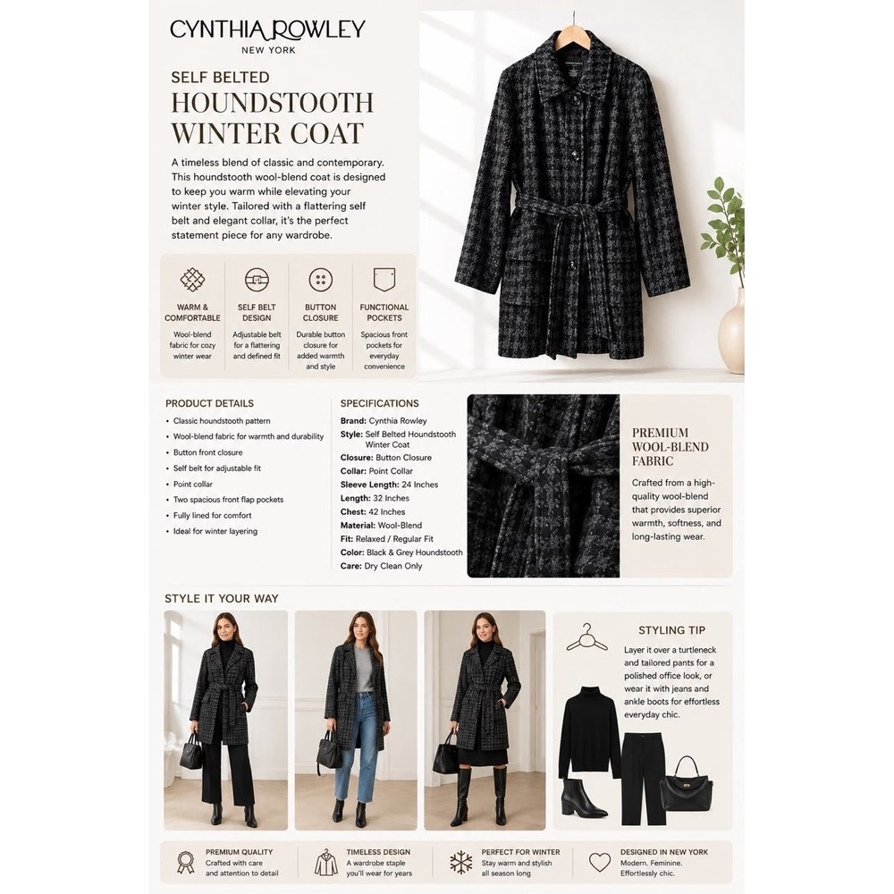Cynthia Rowley Women's Black Houndstooth Wool Blend Belted Winter Coat Jacket - Picture 7 of 10